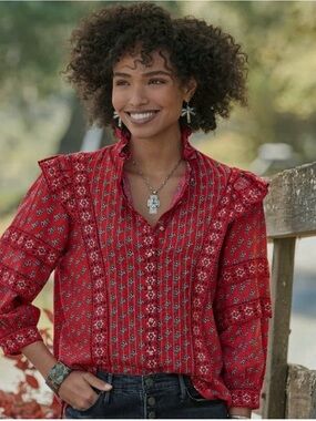Sundance Auri Red Floral Ruffle-Yoke shirt